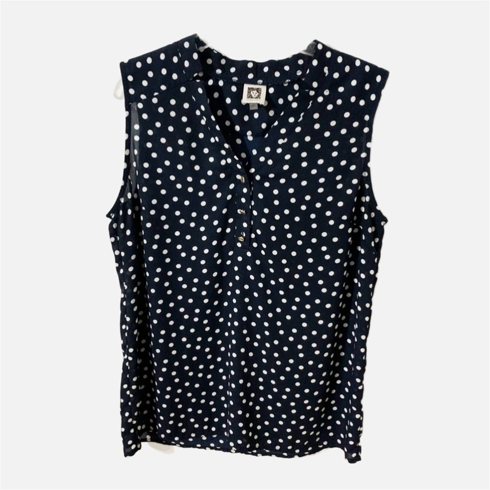 Anne Klein Polka Dot V-neck Sleeveless Partial Button Front Blouse Blue / White
